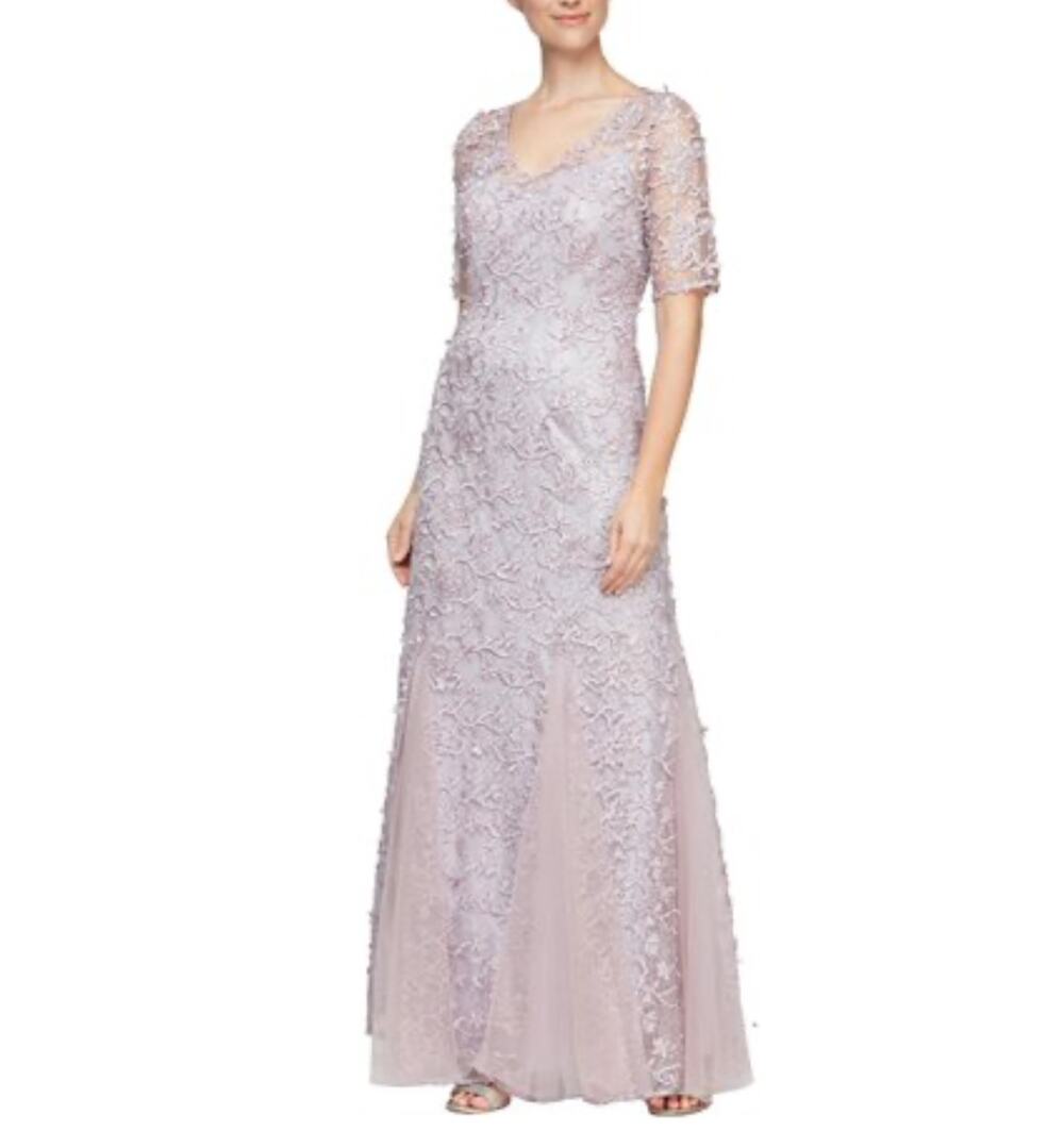Alex Evenings Purple Evening Gown Sequined Lace A-Line Long Formal Dress Size 4